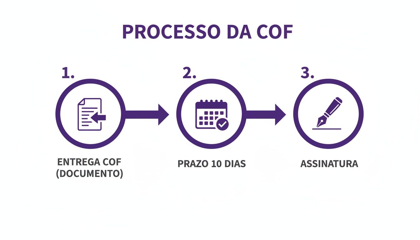 Circular de Oferta de Franquia: O Guia Completo Para Uma Parceria Segura 3 Infográfico detalhando o processo da Circular de Oferta de Franquia (COF) em três etapas: entrega do documento, prazo de 10 dias e assinatura.