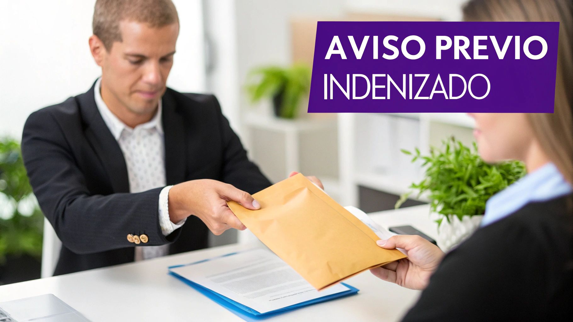 Homem de terno entrega um envelope marrom a uma mulher, com texto "AVISO PREVIO INDENIZADO" em destaque.