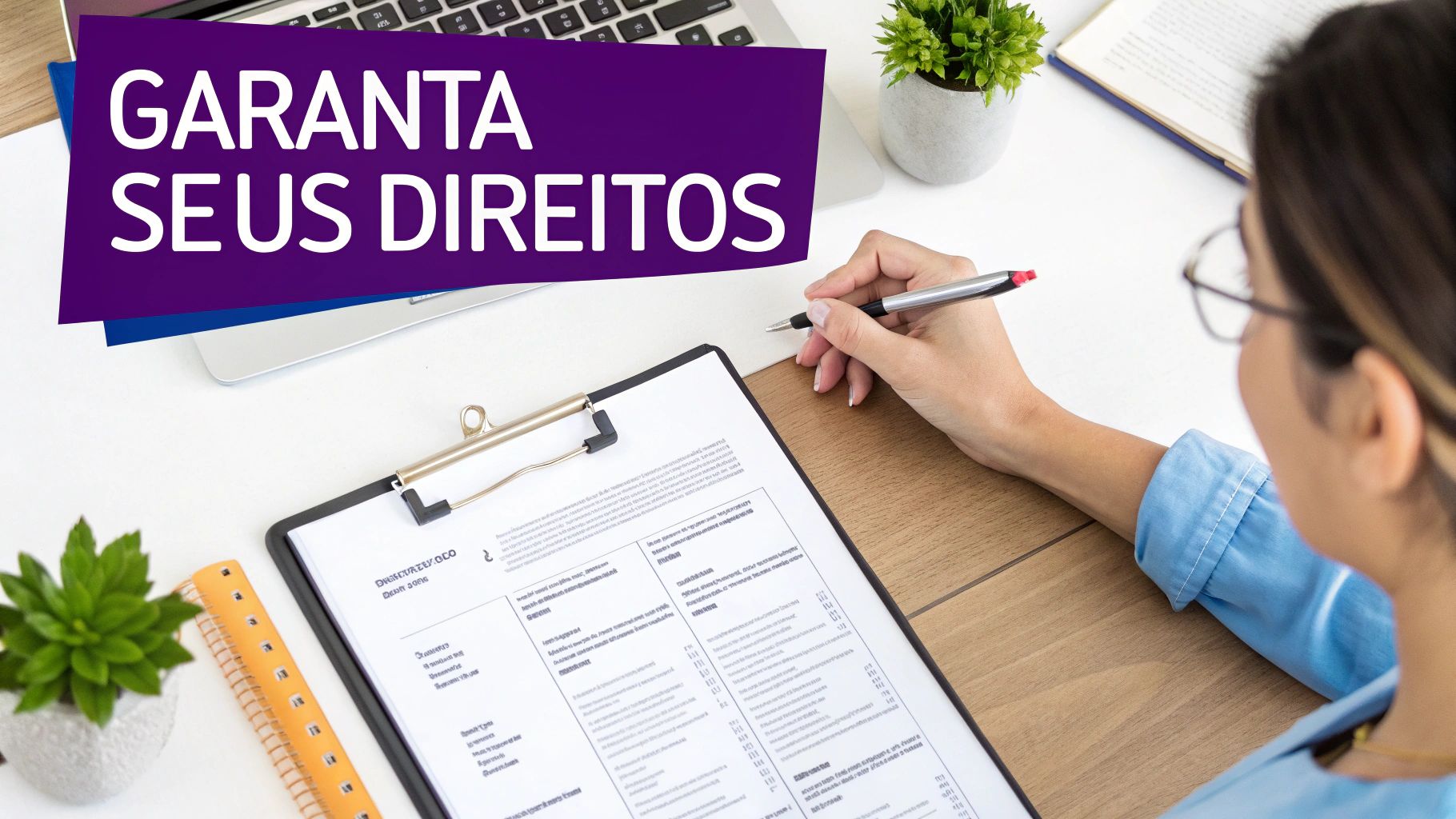 Licença Maternidade Estabilidade CLT: Guia Completo 2024 3 Pessoa escrevendo em documentos com a frase 'Garanta Seus Direitos' em uma mesa de escritório.