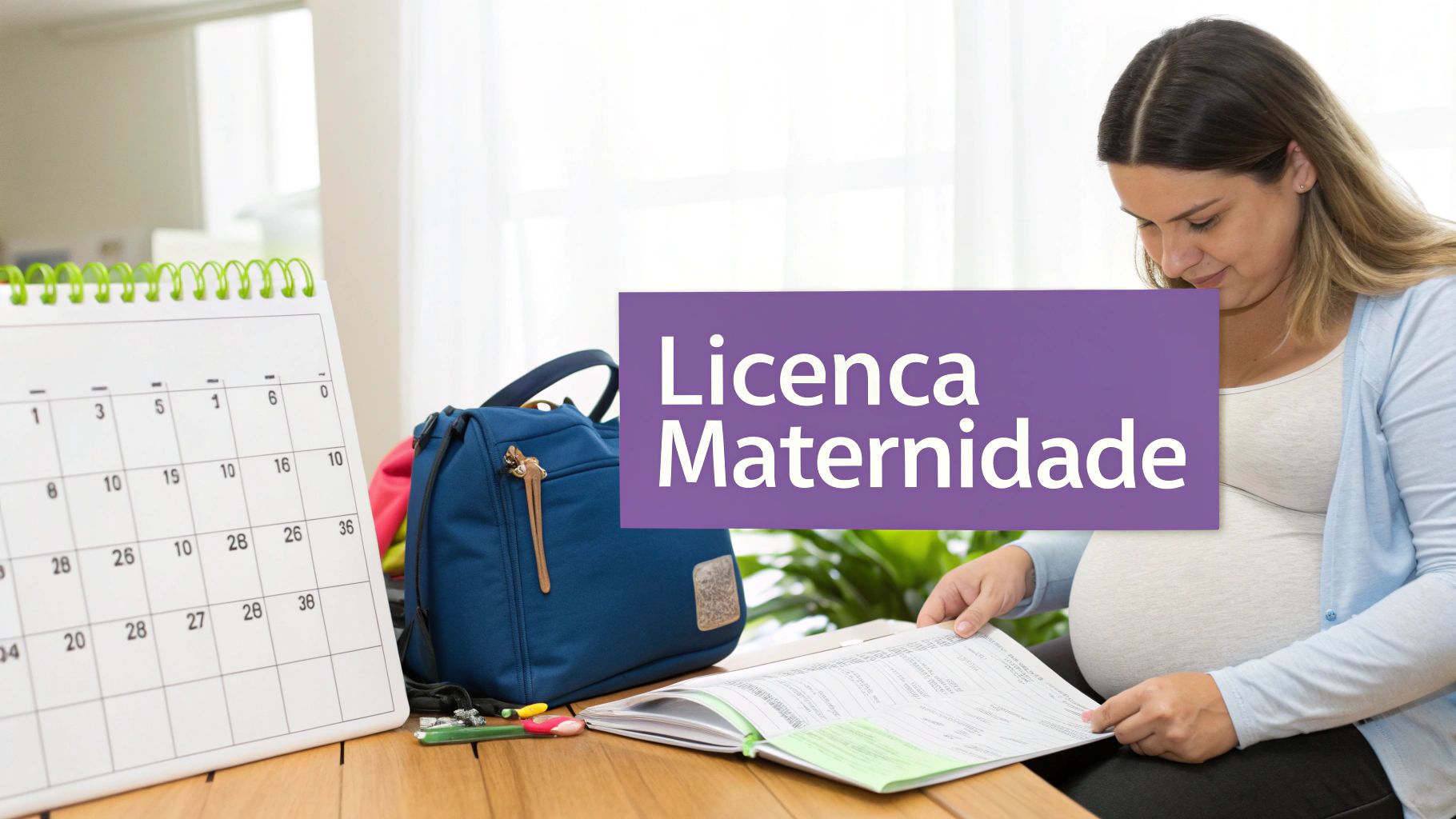 Direito das gravidas no trabalho: Guia completo 2024 2 Mulher grávida revisa documentos, próxima a um calendário e uma bolsa, com o texto "Licença Maternidade".