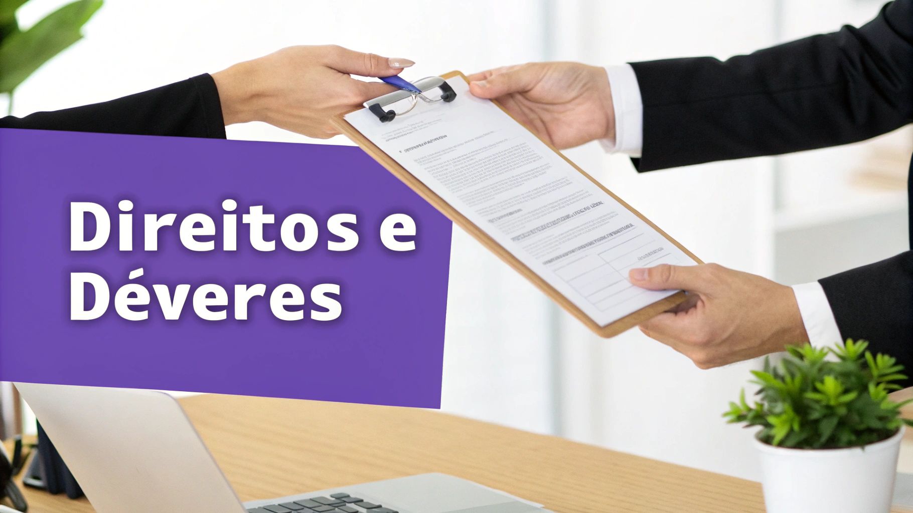Duas pessoas trocam um documento com caneta em uma prancheta, destacando 'Direitos e Déveres'.