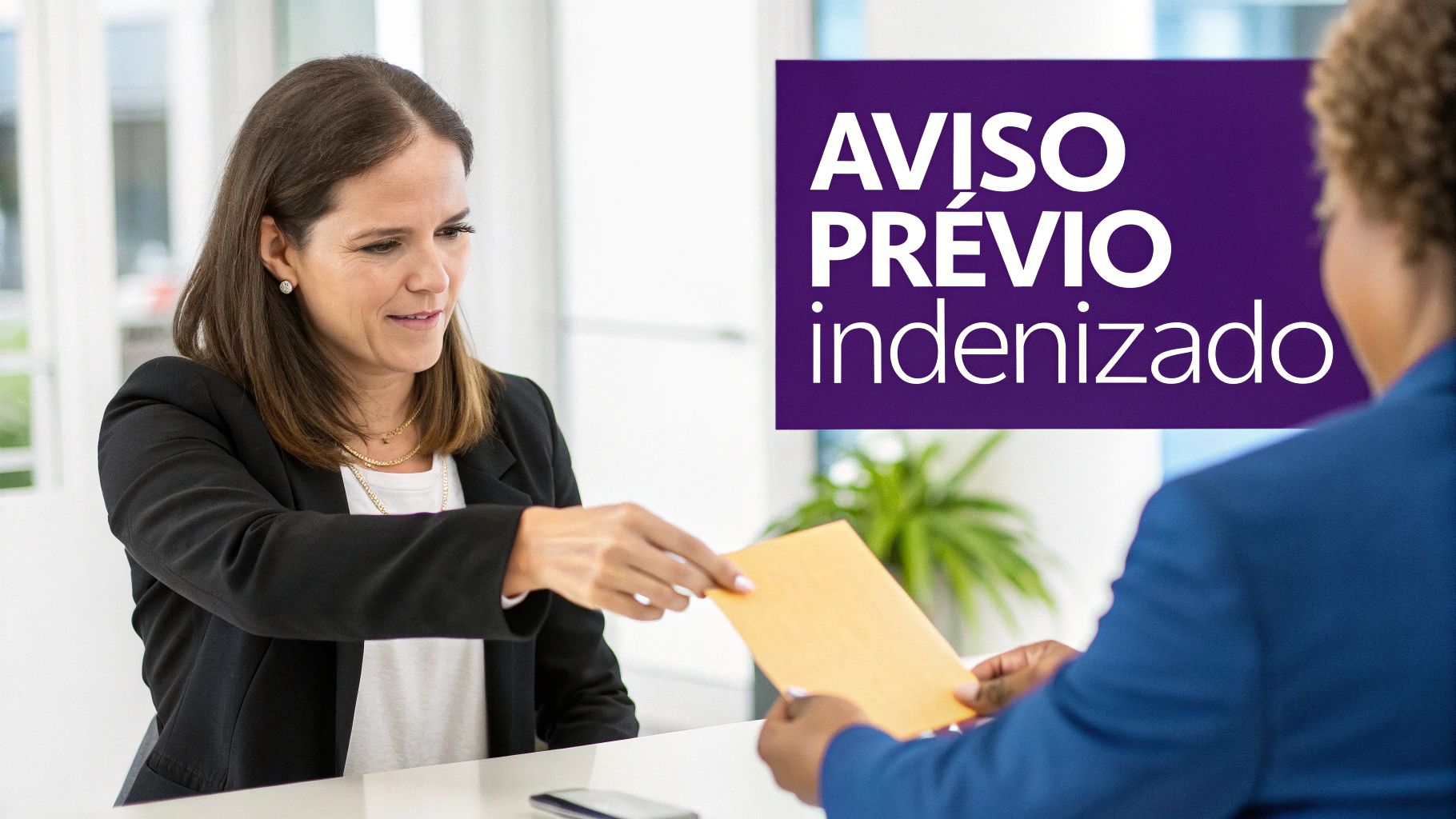 Mulher sorridente em blazer preto entregando um envelope a um homem, com balão de texto 'AVISO PRÉVIO indenizado' sobreposto.