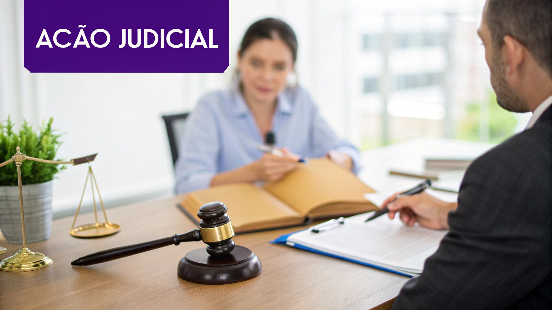 Salário Maternidade Indeferido: O Guia Completo Para Reverter a Decisão 1 Mesa de escritório com martelo de juiz, balança da justiça e duas pessoas analisando documentos sob o título 'AÇÃO JUDICIAL'.