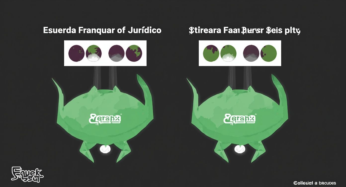 Duas criaturas verdes estilizadas penduradas, com paletas de cores roxas, verdes e cinzas acima, em fundo escuro.