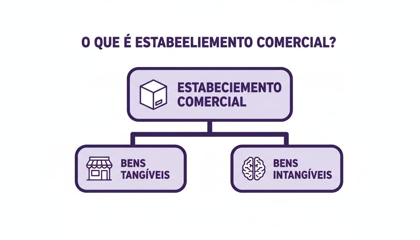 O que é estabelecimento comercial e como ele impulsiona seu negócio 1 Diagrama explicando o que é um estabelecimento comercial, dividido em bens tangíveis e intangíveis.