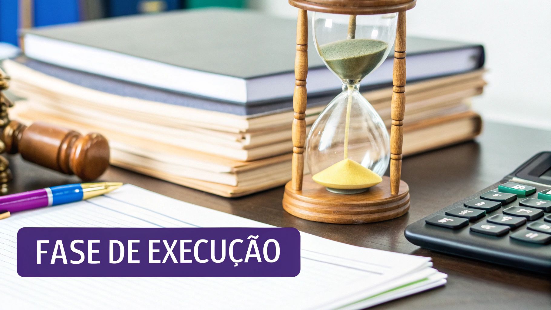 Uma ampulheta sobre uma pilha de moedas, simbolizando a espera pelo pagamento após a decisão judicial.
