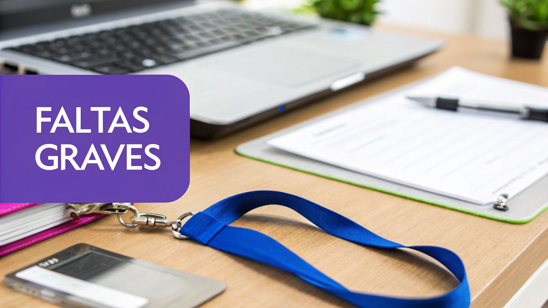 Justa Causa Direitos: O Guia Completo Sobre o Que Fazer ao Ser Demitido 1 Mesa de escritório com laptop, documentos, caneta e um letreiro roxo que diz 'FALTAS GRAVES'.