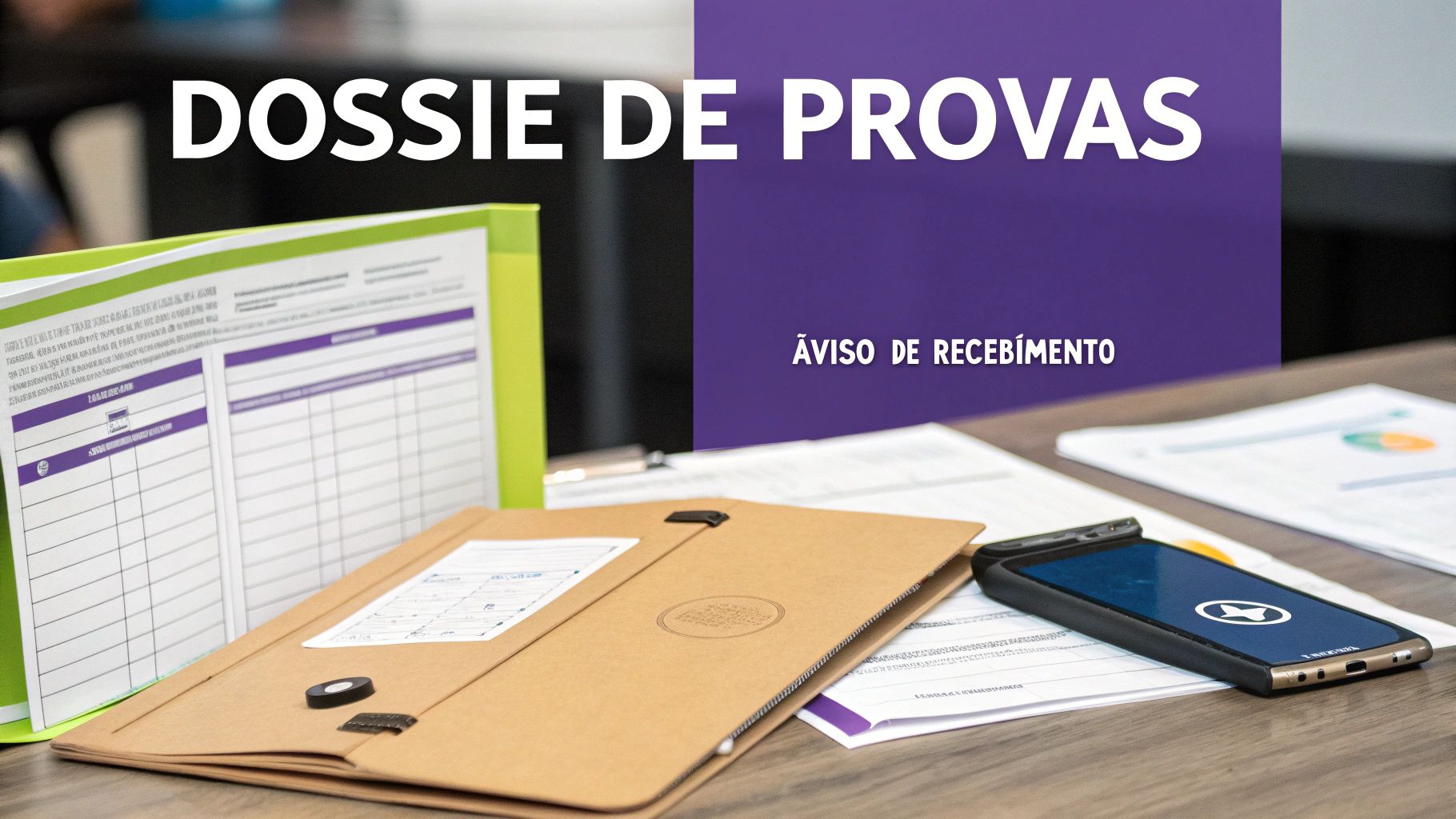 Telegrama Abandono de Emprego: O Guia Definitivo 2024 2 Mesa com dossiê de provas e aviso de recebimento, documentos, pasta e um smartphone, em ambiente de escritório.