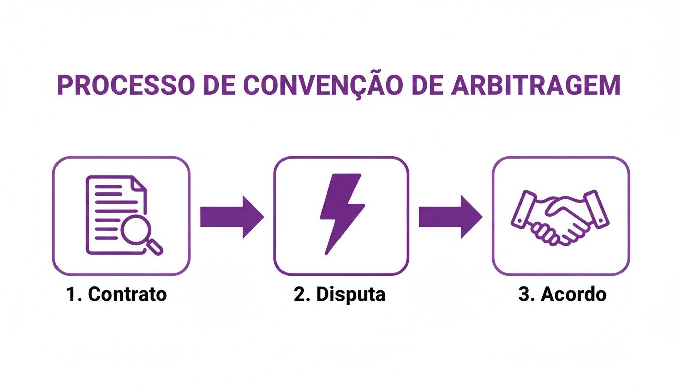 Diagrama do processo de convenção de arbitragem, mostrando as etapas de contrato, disputa e acordo.