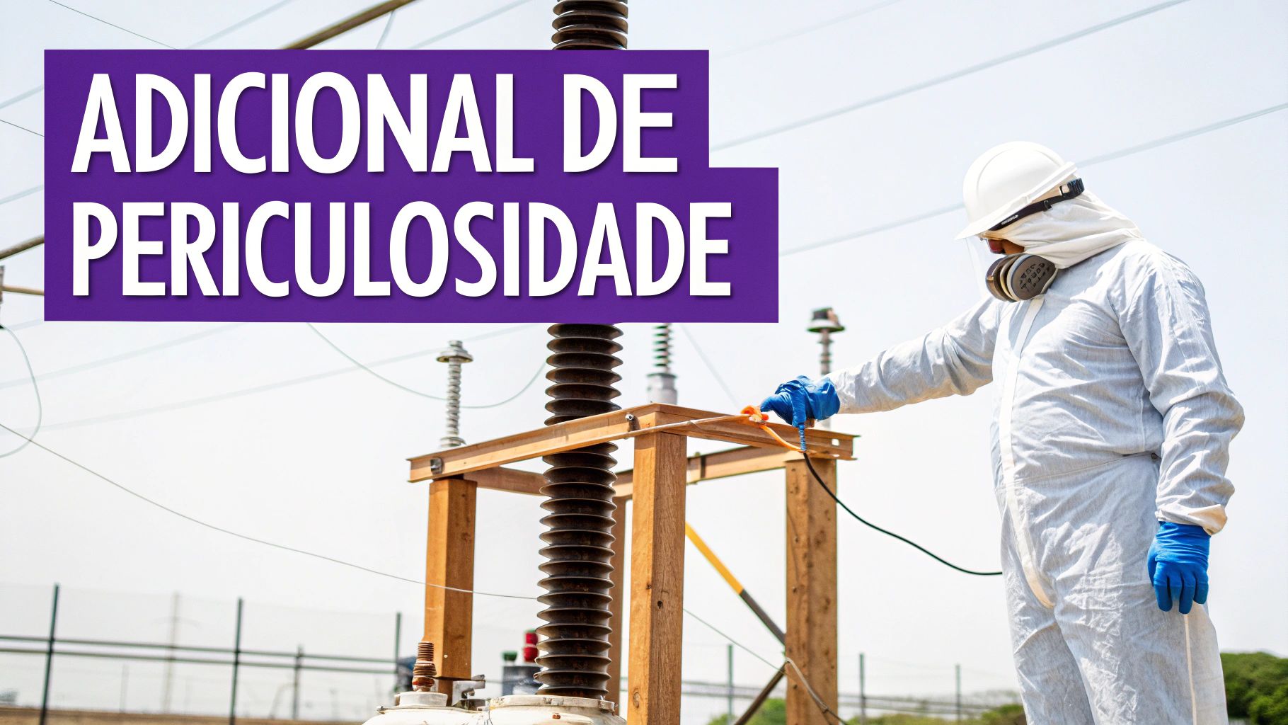Trabalhador em equipamento de alta tensão com EPI completo e máscara, destacando adicional de periculosidade.