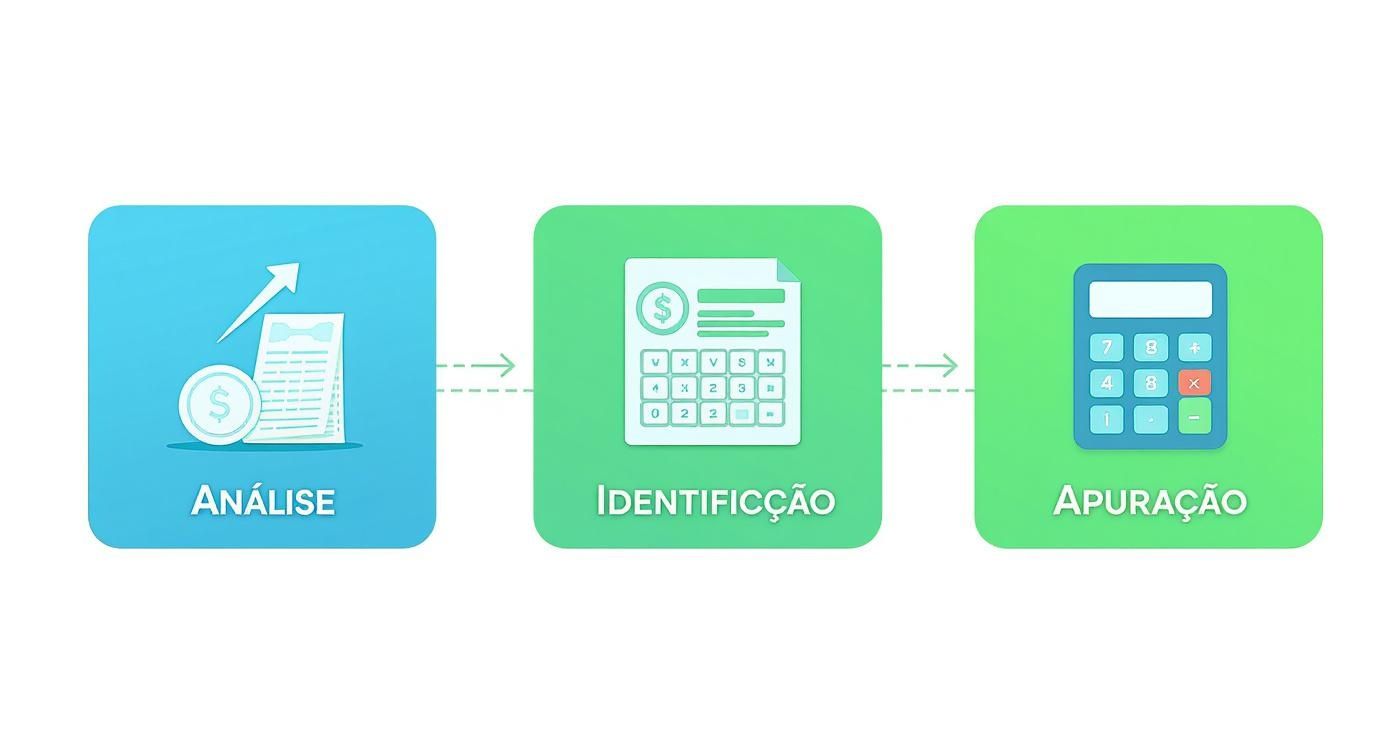 Recuperação de Créditos Tributários: O Guia Completo para Sua Empresa 2 Infográfico mostrando o fluxo de três etapas para a recuperação de créditos tributários: Análise, Identificação e Apuração.