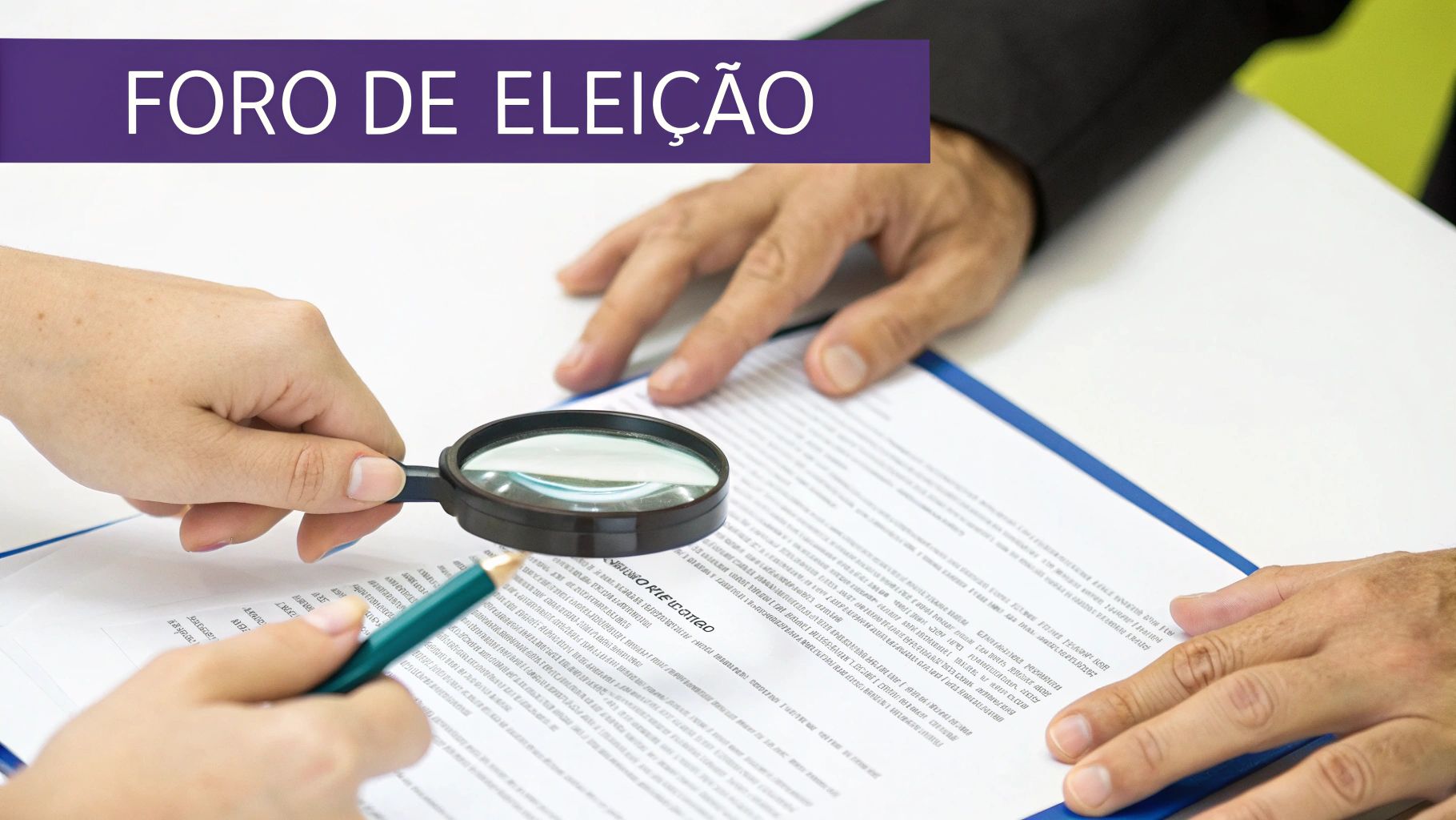 Documento de contrato sendo assinado, simbolizando um acordo de foro de eleição.