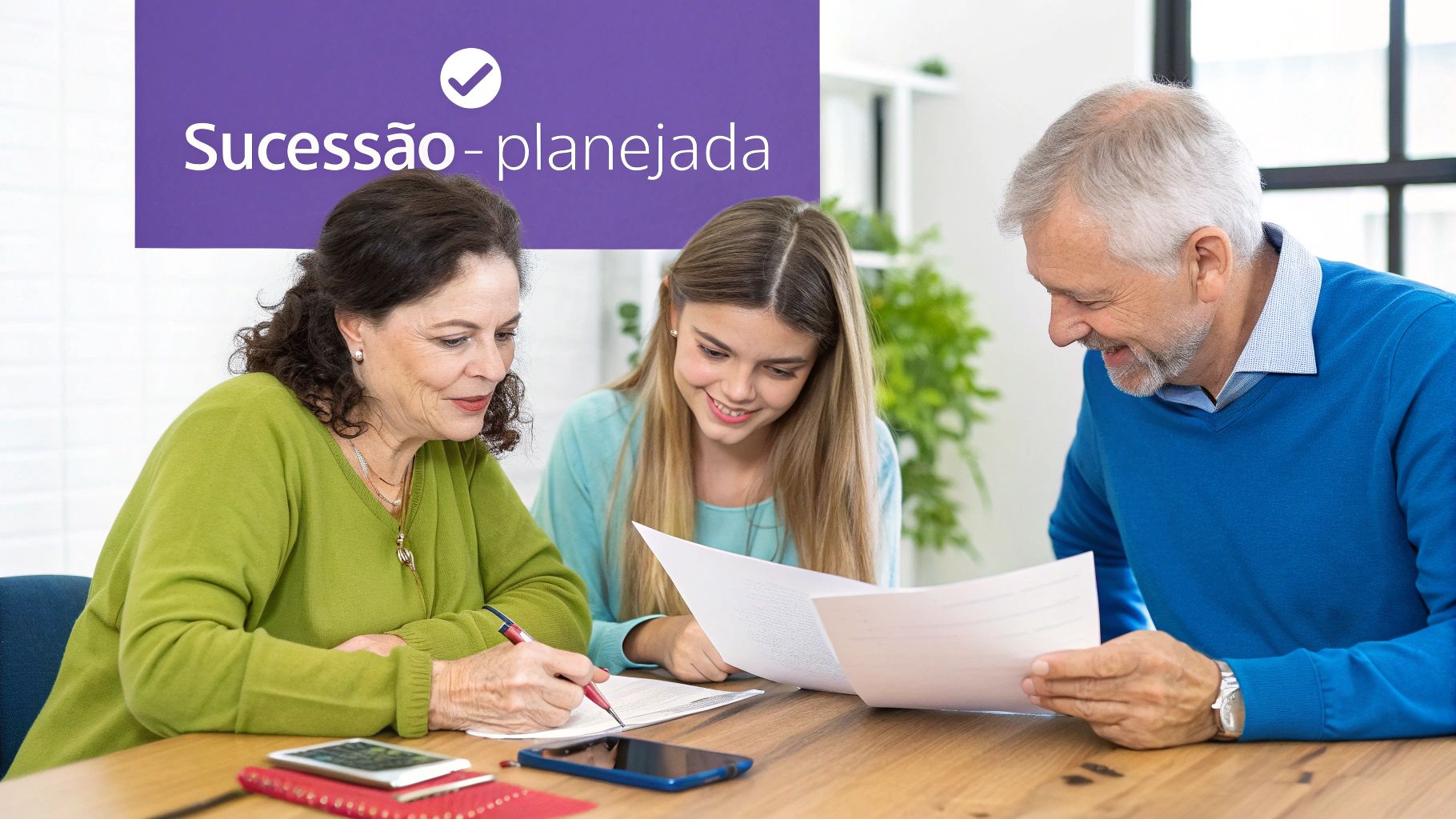 Como funciona a holding familiar: Guia prático para proteger seu patrimônio 3 Família planeja sucessão. Uma mulher escreve documentos enquanto os outros observam, com banner de 'Sucessão - planejada'.