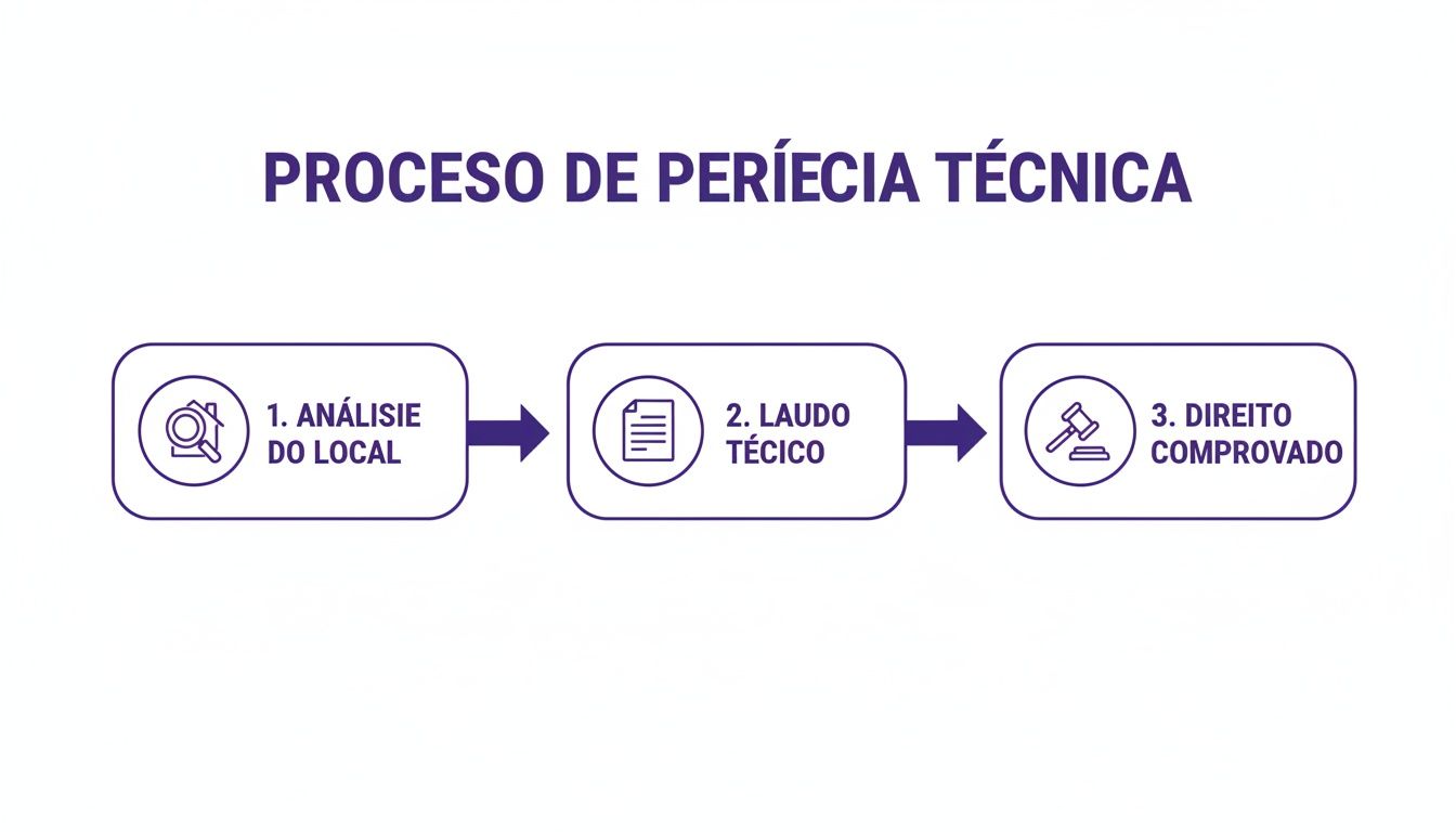 Fluxograma do processo de perícia técnica com três etapas: análise do local, laudo técnico e direito comprovado.