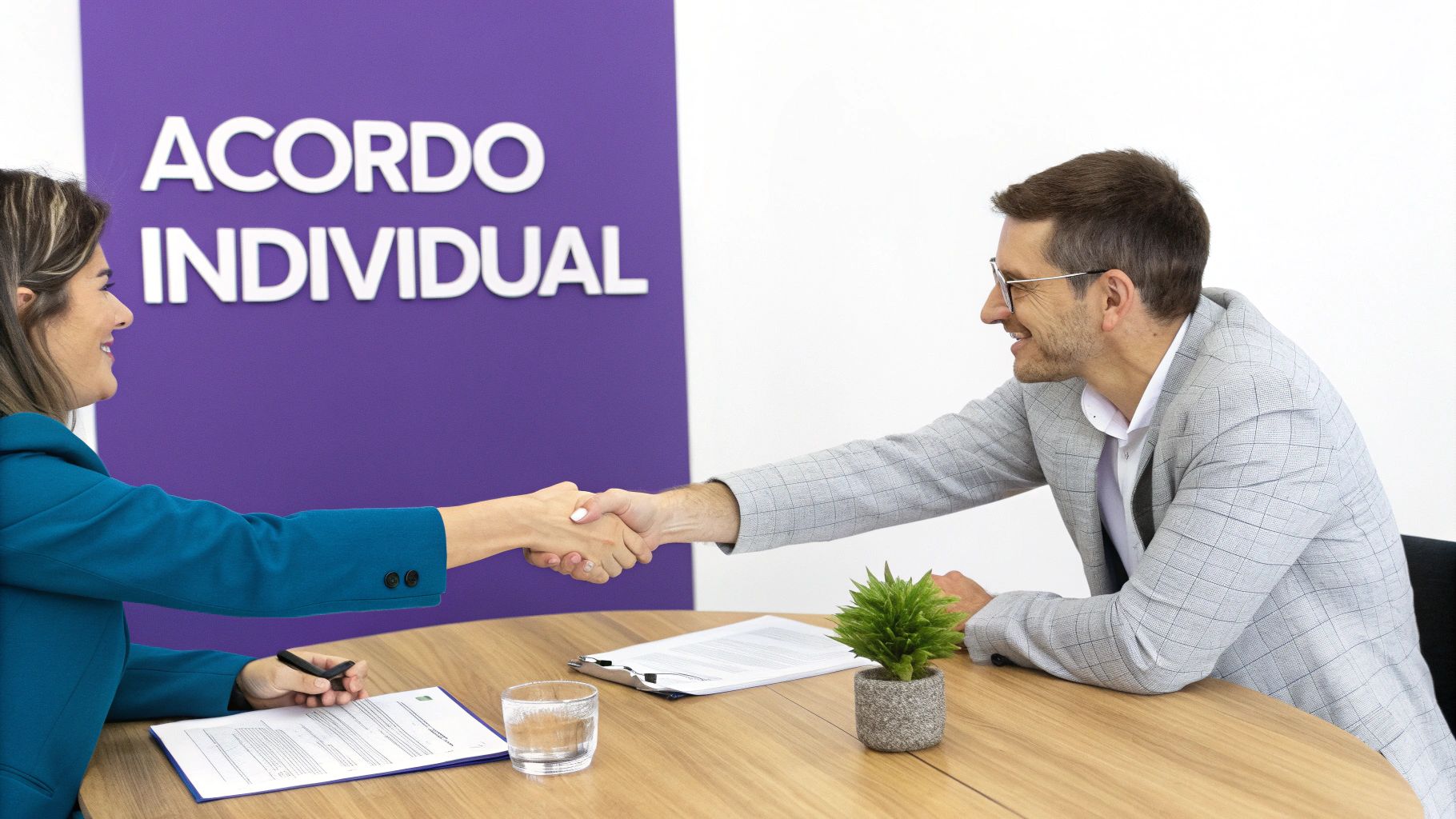 Mulher e homem sorrindo, apertando as mãos em uma mesa de escritório com documentos e a frase 'ACORDO INDIVIDUAL' ao fundo.