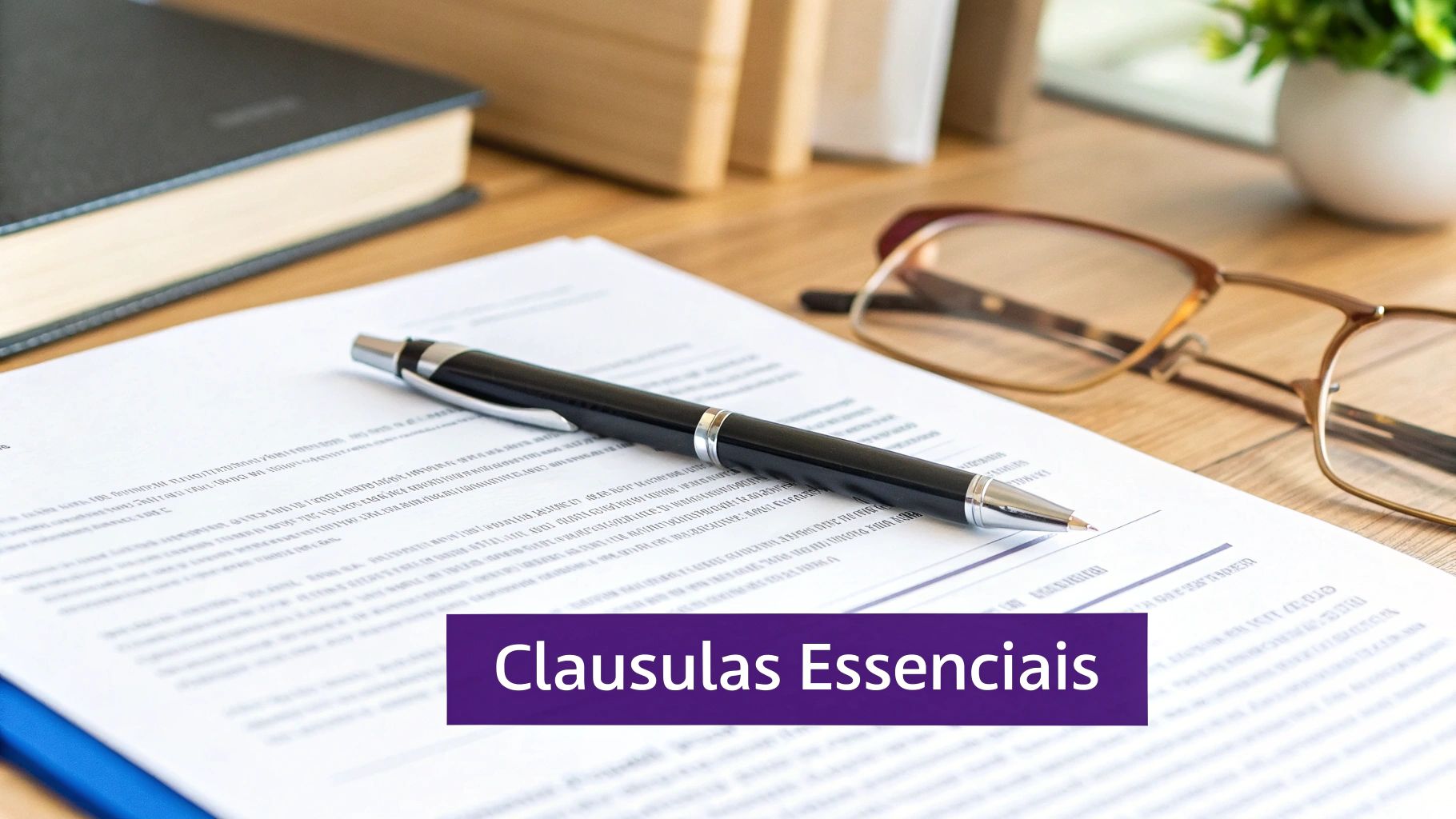 Caneta sobre contrato ou documento com óculos e livros ao fundo, destacando 'Cláusulas Essenciais'.