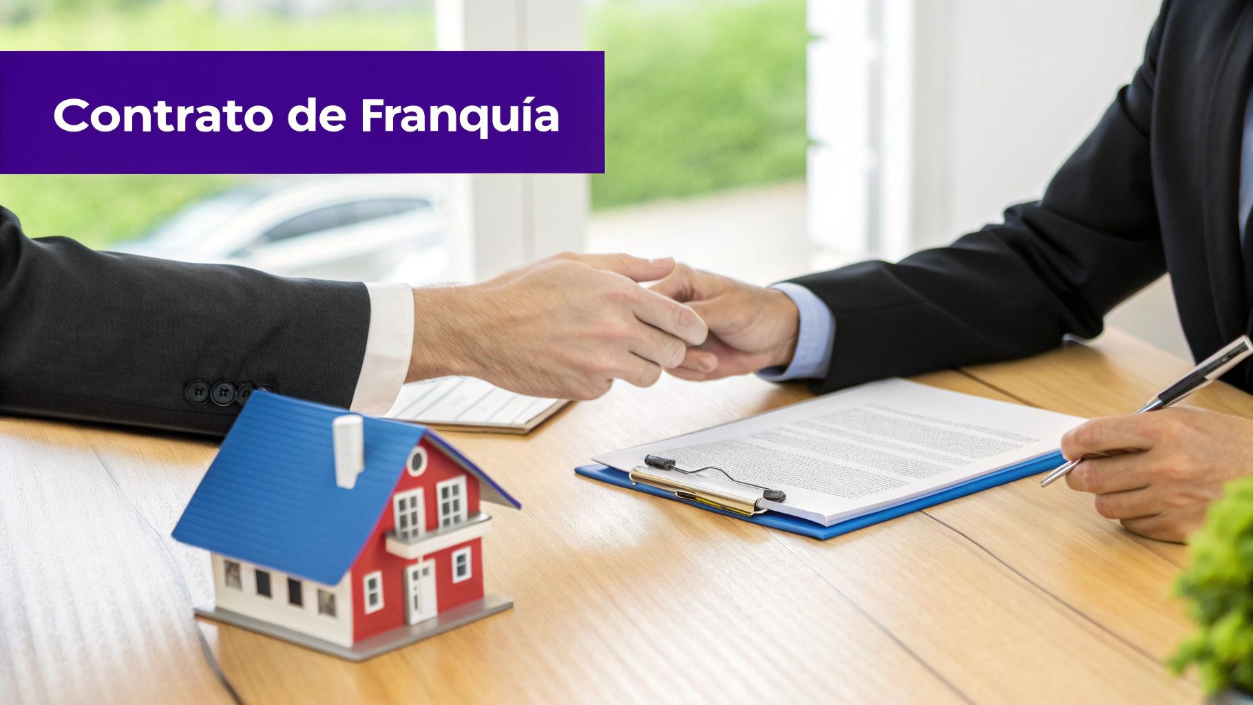 O que é estabelecimento comercial e como ele impulsiona seu negócio 3 Duas pessoas apertam as mãos em uma mesa de negócios com um contrato de franquia e um modelo de casa.