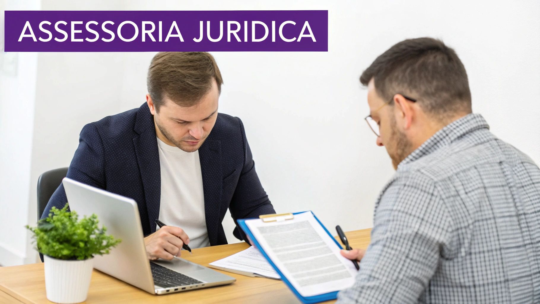Dois homens em uma mesa recebendo assessoria jurídica, analisando documentos e usando um laptop.
