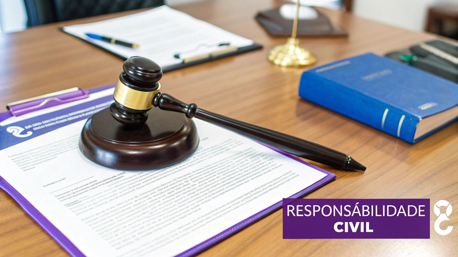 Uma advogada apresentando documentos legais a um cliente em uma mesa de escritório, simbolizando a assessoria em responsabilidade civil do empregador.
