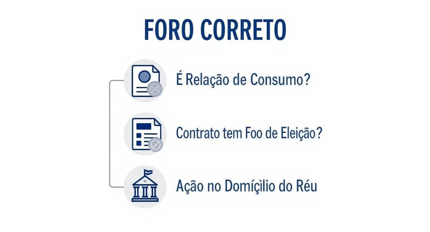 Infográfico mostrando uma árvore de decisão para escolher o foro correto, com perguntas sobre relação de consumo, foro de eleição e domicílio do réu.
