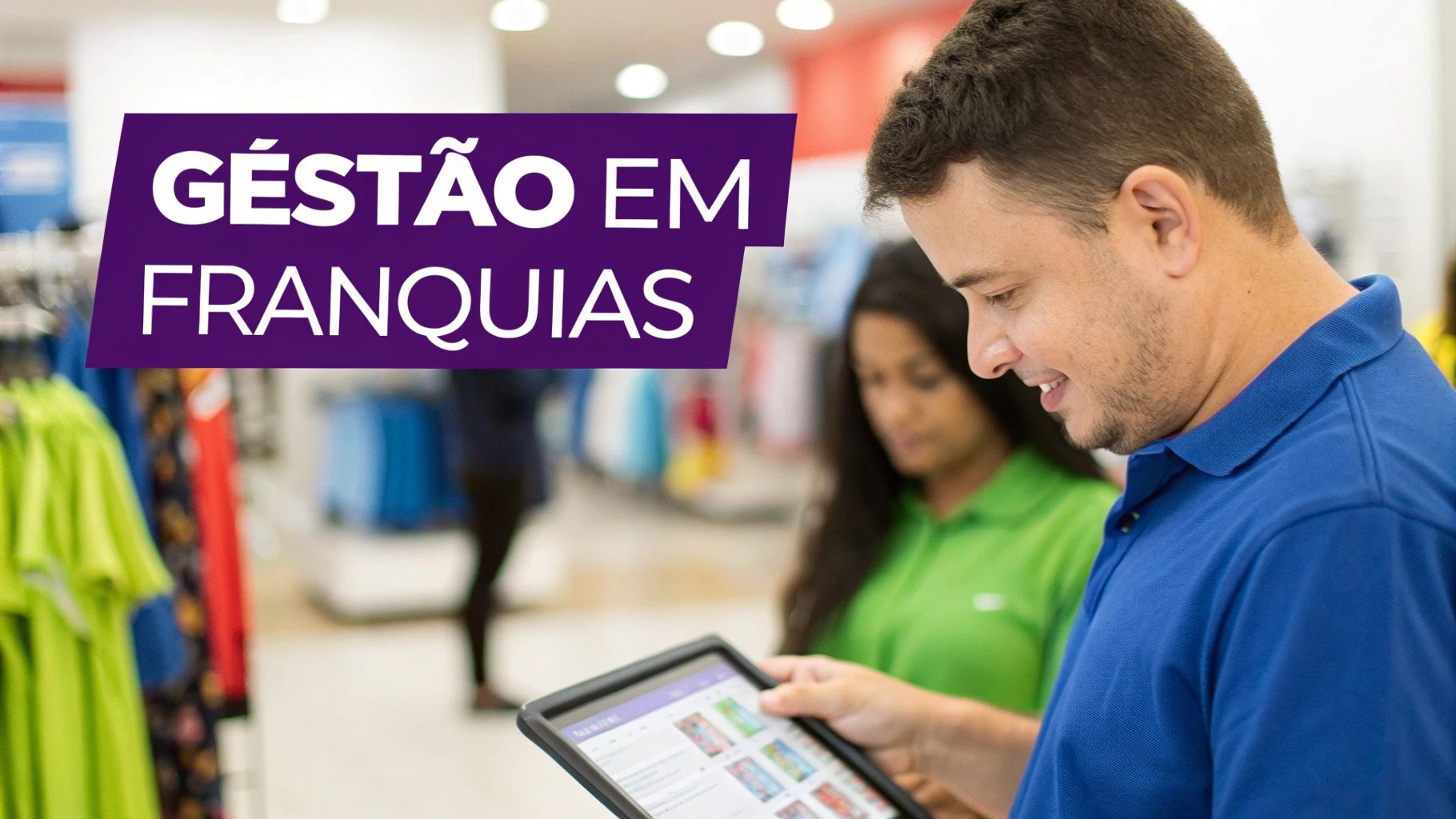 Descanso Semanal Remunerado CLT: Guia Completo 2024 2 Homem em loja usando tablet para gerenciar franquias, com mulher ao fundo e texto 'Gestão em Franquias'.
