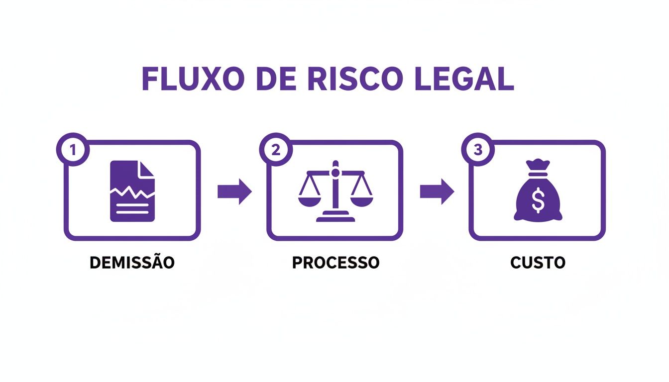 Fluxograma roxo explicando o fluxo de risco legal: da demissão ao processo judicial e ao custo financeiro.