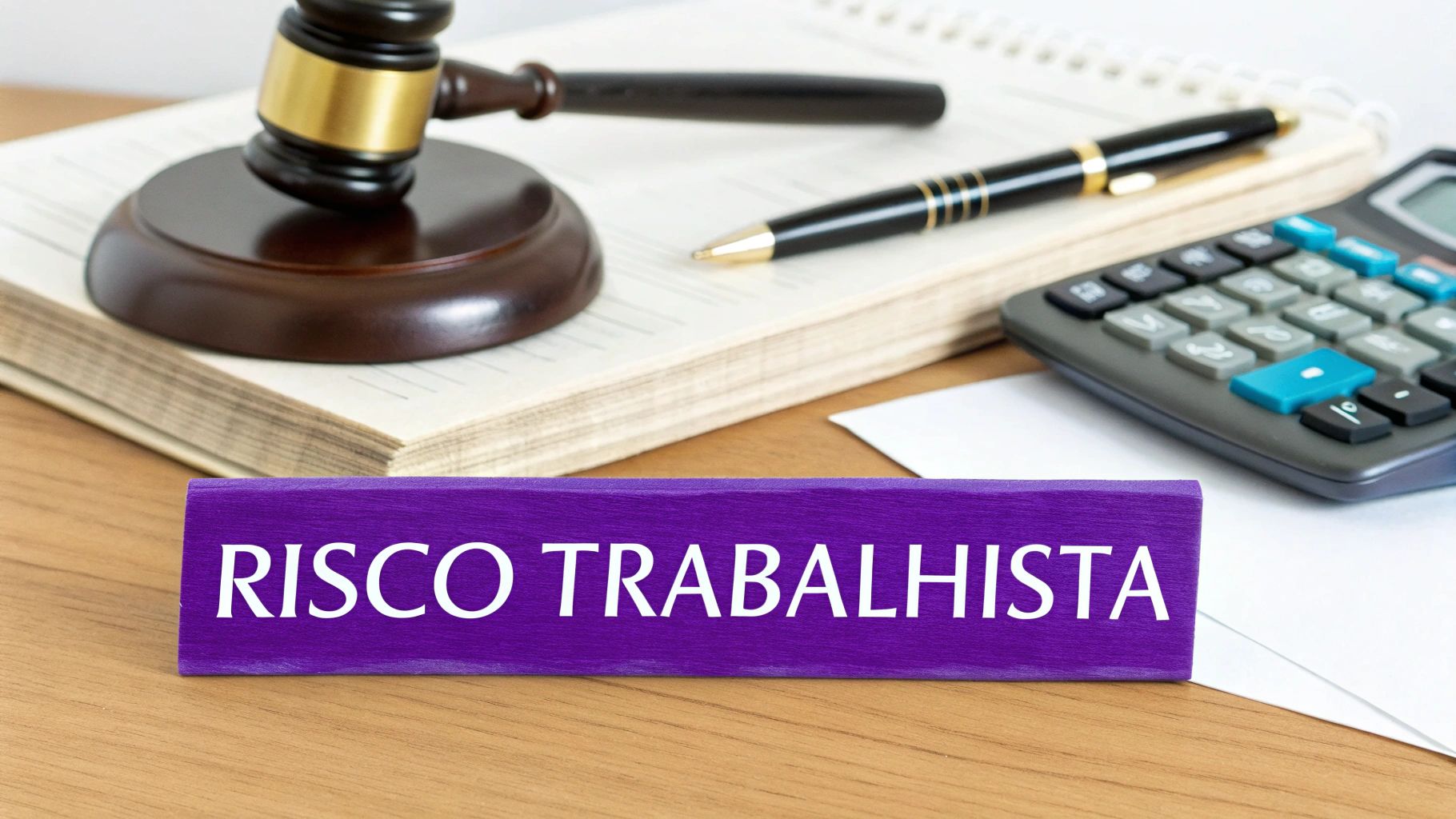 Mesa de trabalho com martelo judicial, calculadora e placa roxa escrito Risco Trabalhista representando direito do trabalho