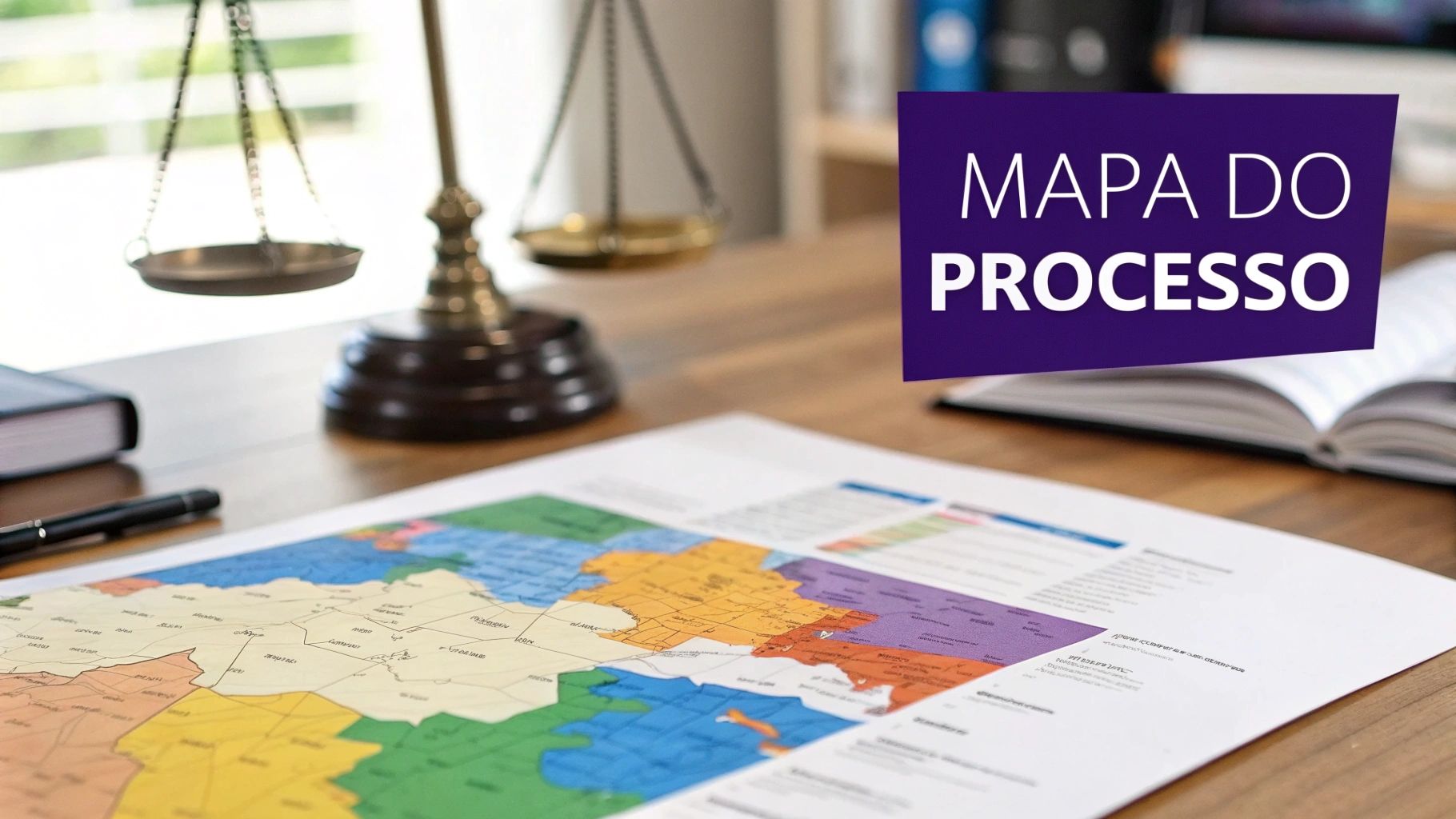 Mesa de escritório com balança da justiça, um mapa de processo, caneta e notebook, ilustrando planejamento legal.