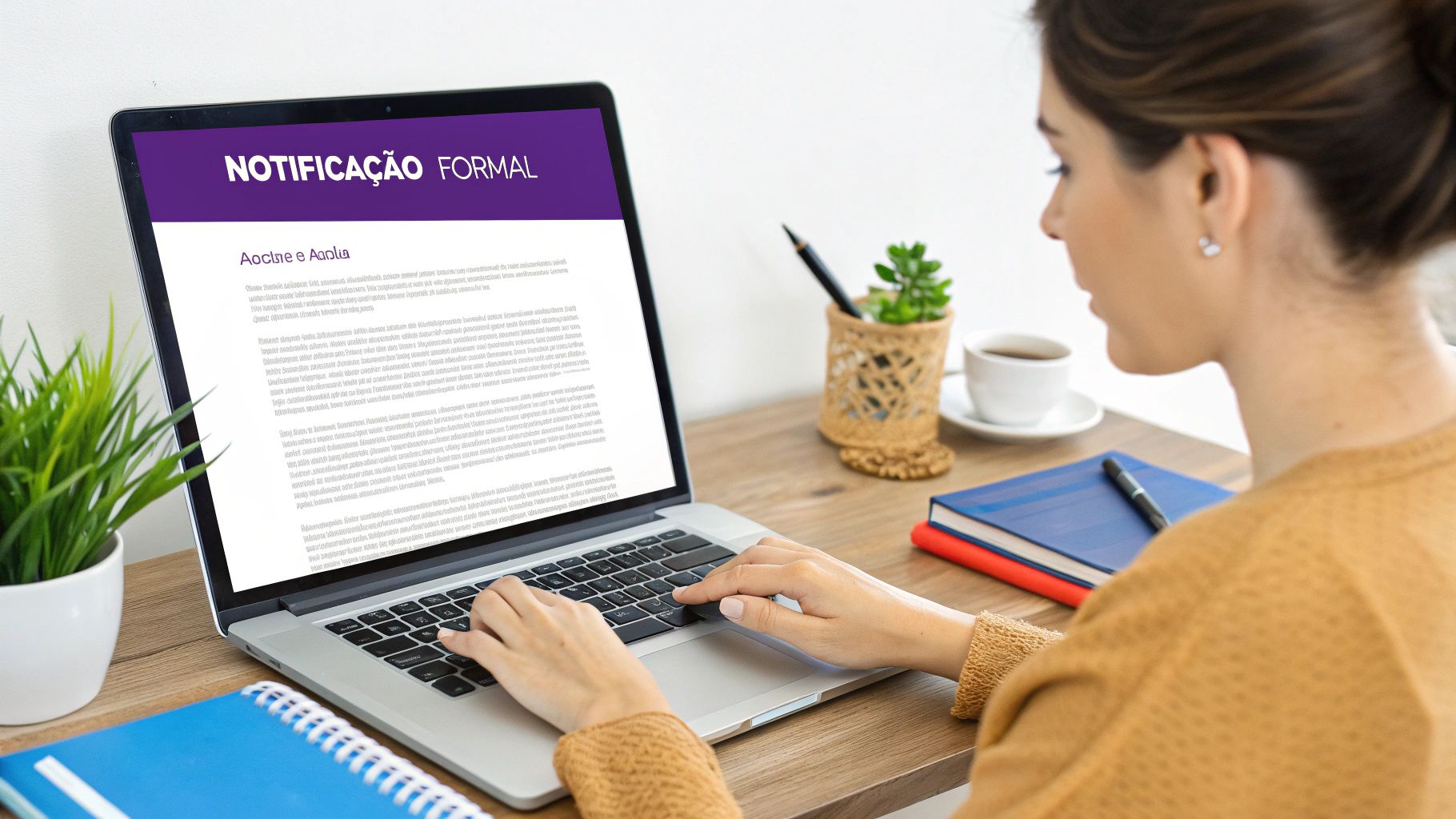 Mulher escrevendo uma carta formal em uma mesa com documentos.