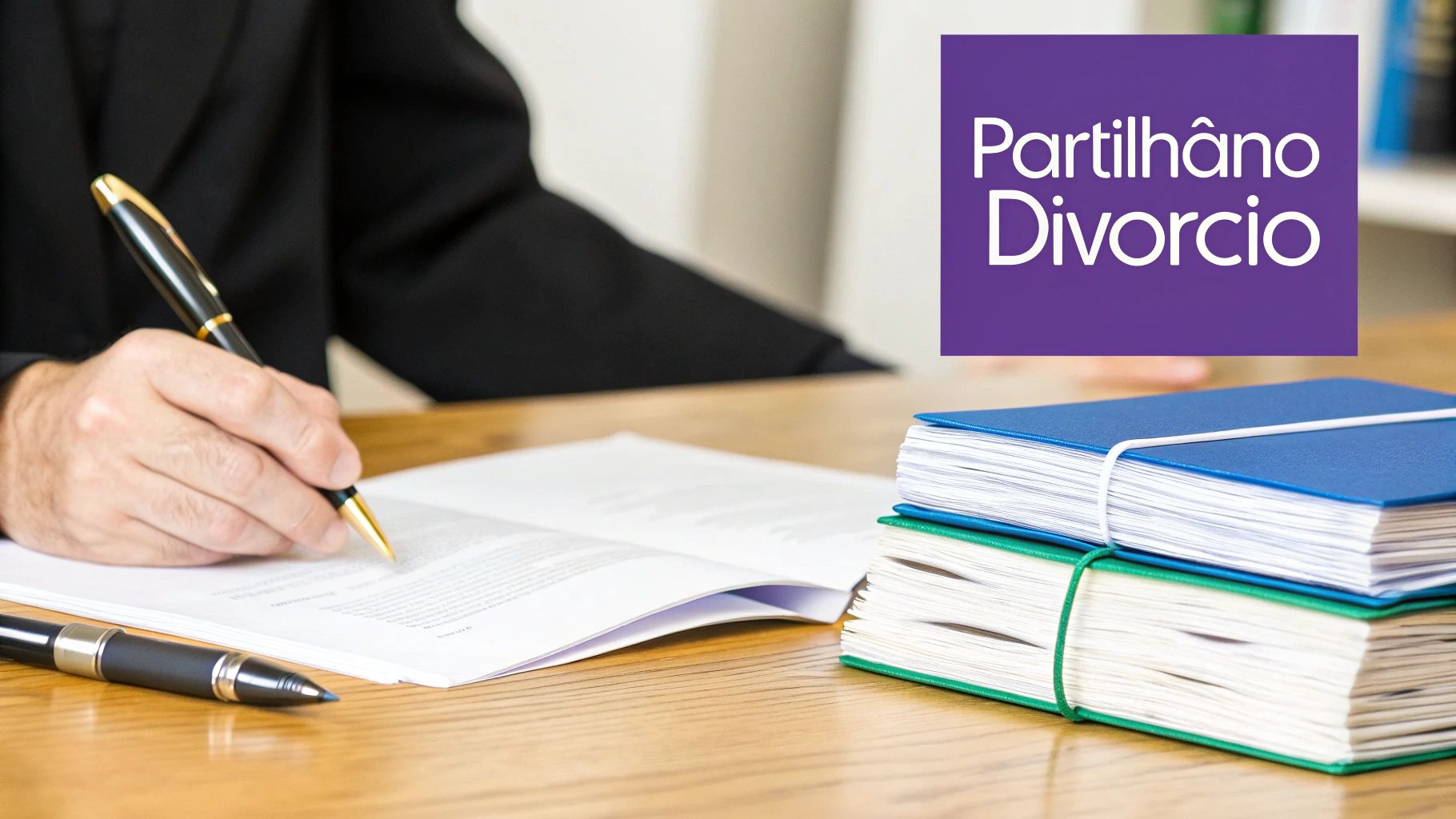 Como funciona a partilha de bens: Guia Completo para Divórcio e Herança 2 Mão assinando um documento legal em uma mesa de madeira, com livros e canetas. A frase "Partilhâno Divorcio" está em destaque.