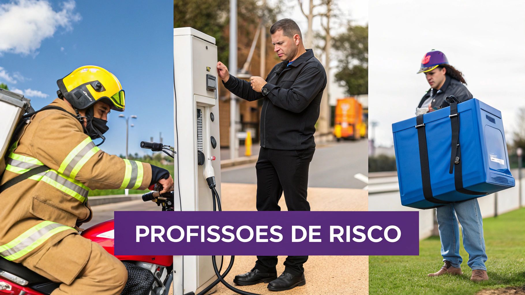 Três profissionais de risco: um bombeiro de moto, um técnico de carregador elétrico e um entregador.