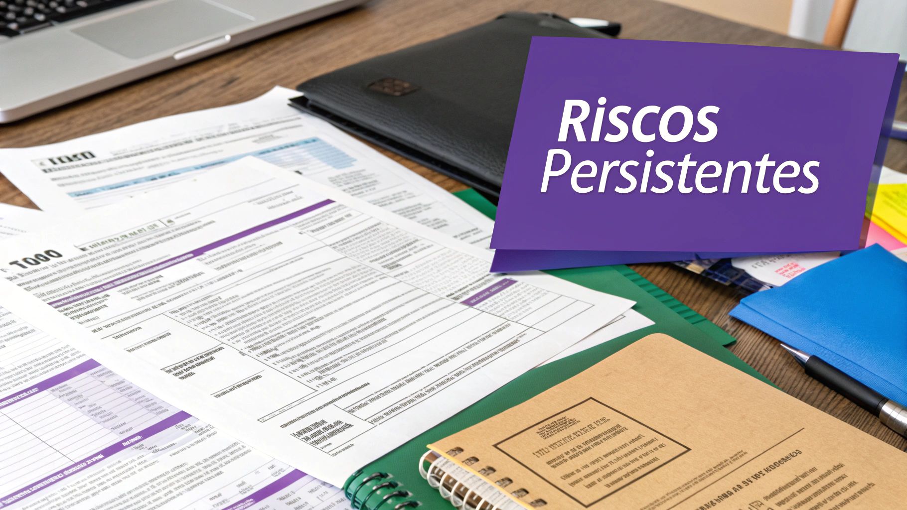 Uma lupa focando em uma pilha de documentos financeiros, simbolizando a busca por riscos ocultos