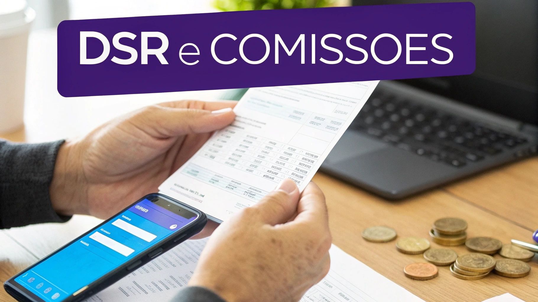 O que significa DSR? Guia completo sobre o Descanso Semanal Remunerado 2 Mãos revisando documentos financeiros e usando um smartphone, com o texto 'DSR e COMISSÕES' visível em uma faixa roxa.