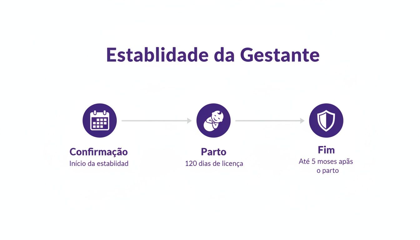 Fluxograma da estabilidade da gestante, mostrando etapas de confirmação, parto e fim da licença-maternidade.