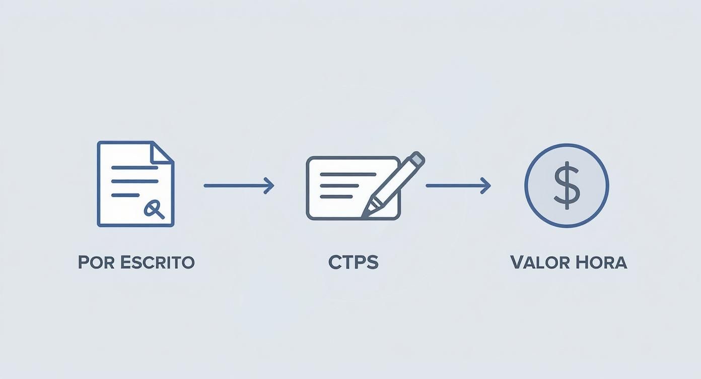 Infográfico sobre trabalho intermitente como funciona, mostrando os passos: Contrato por escrito, registro na CTPS e definição do valor da hora de trabalho.