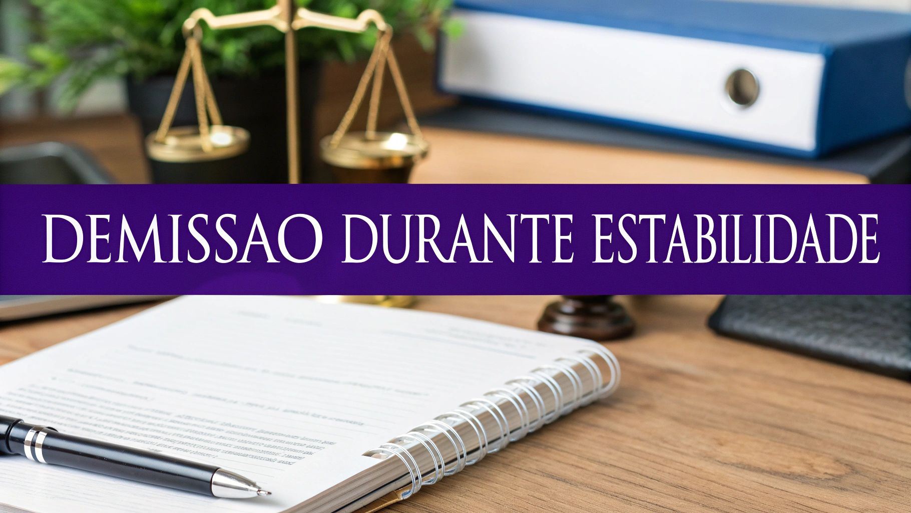 Licença Maternidade Estabilidade: O Guia Completo Para 2024 3 Imagem com texto 'DEMISSAO DURANTE ESTABILIDADE' em faixa roxa, com balança da justiça, pasta e caneta.