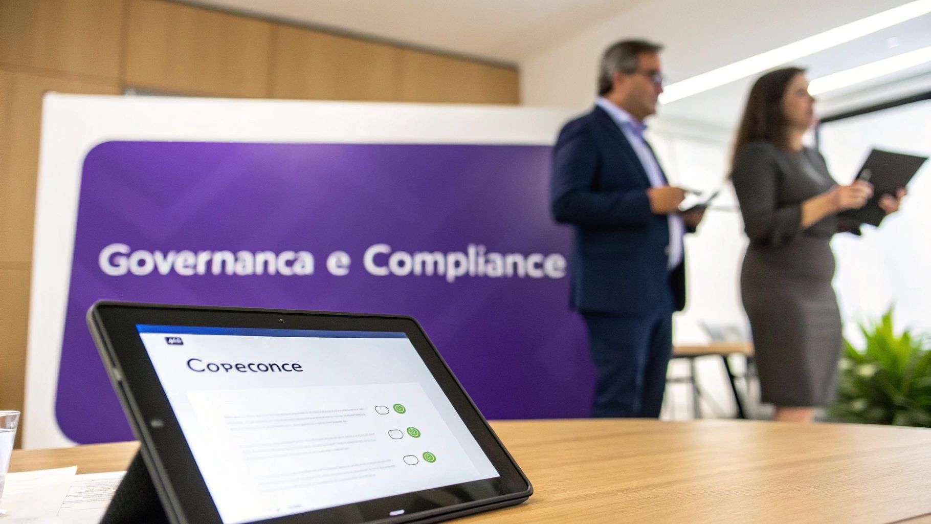 O que é Direito Empresarial e como ele protege seu negócio? 2 Uma imagem conceitual mostrando engrenagens interligadas com ícones de balança da justiça, cadeado e gráfico de crescimento, simbolizando a governança e o compliance.