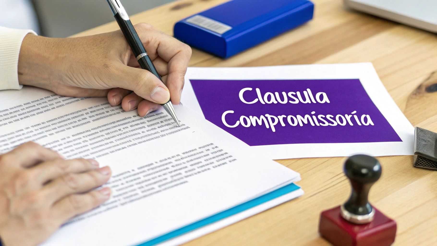 Uma pessoa escreve em um documento legal, com um papel em destaque indicando 'Cláusula Compromissória' e materiais de escritório.