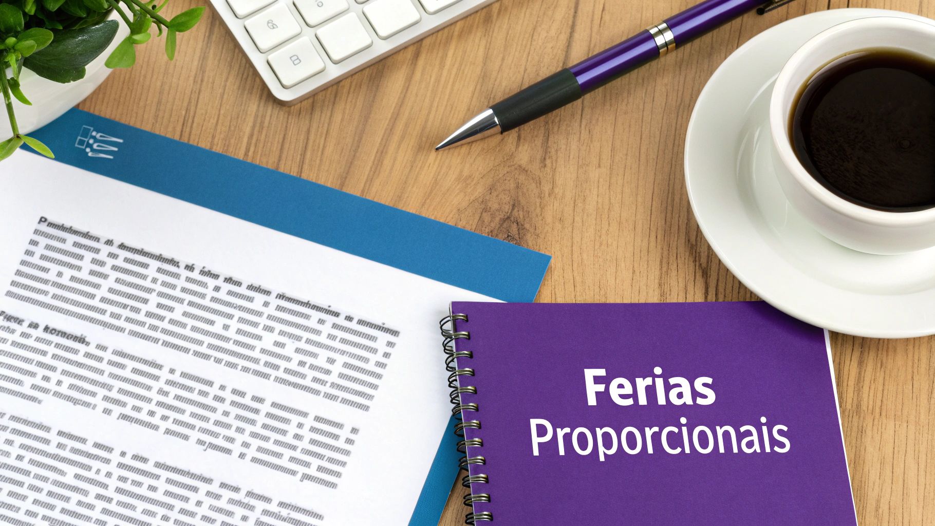 Mesa de escritório com documento, caderno "Férias Proporcionais", caneta, café e planta, para trabalho.