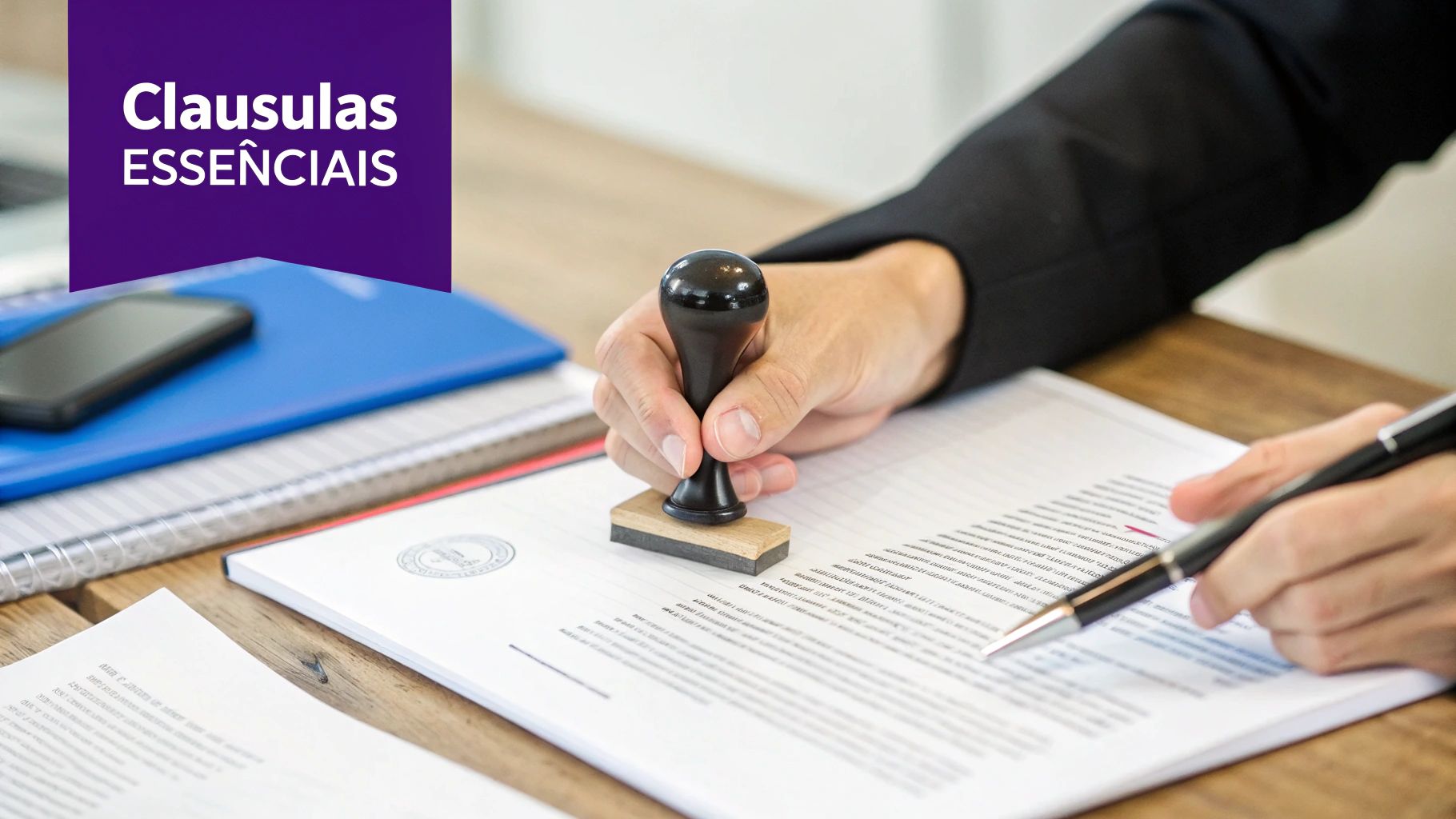 Repasse de Franquia: O Guia Completo Para Uma Transferência Segura 3 Mãos carimbando e assinando um documento legal em uma mesa de madeira. No topo, um banner roxo com 'Cláusulas ESSENCIAIS'.