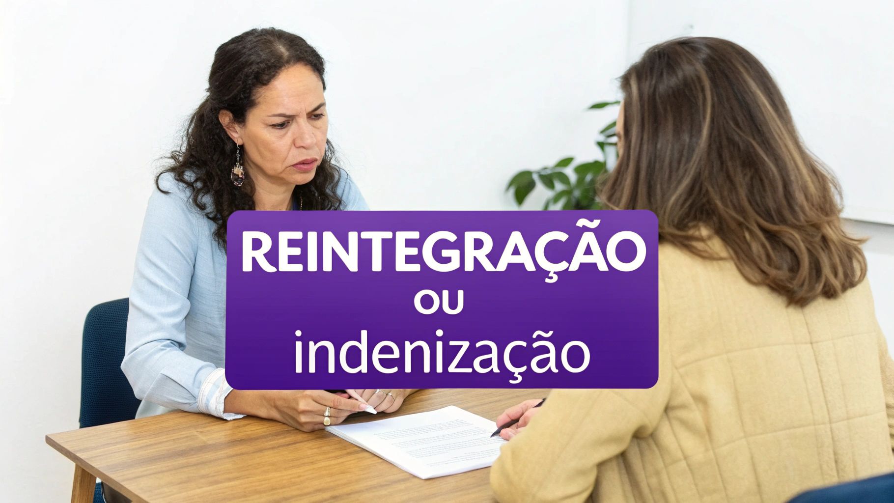 Duas mulheres discutindo documentos sobre reintegração ou indenização em um ambiente de escritório.