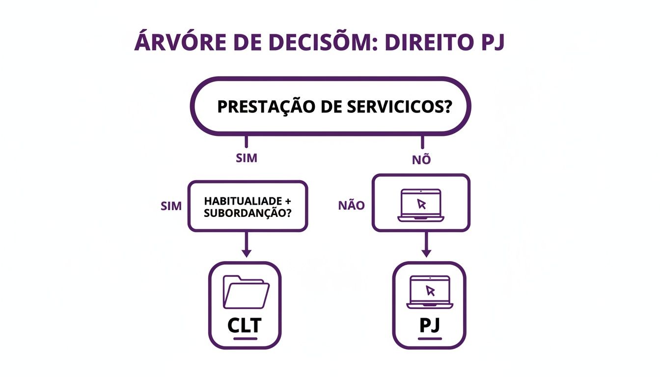PJ tem direito a licença maternidade? Guia completo 2024 1 Árvore de decisão explicando a diferença entre trabalho PJ e CLT com base na prestação de serviços, habitualidade e subordinação.