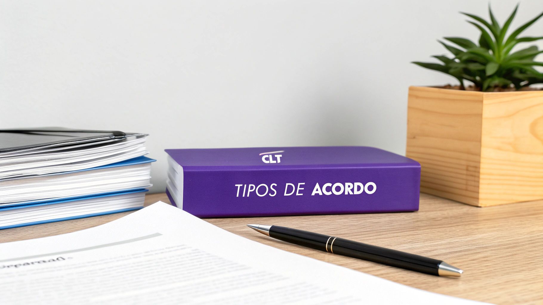 Mesa de escritório com livro roxo 'CLT TIPOS DE ACORDO', pilhas de documentos e caneta preta.
