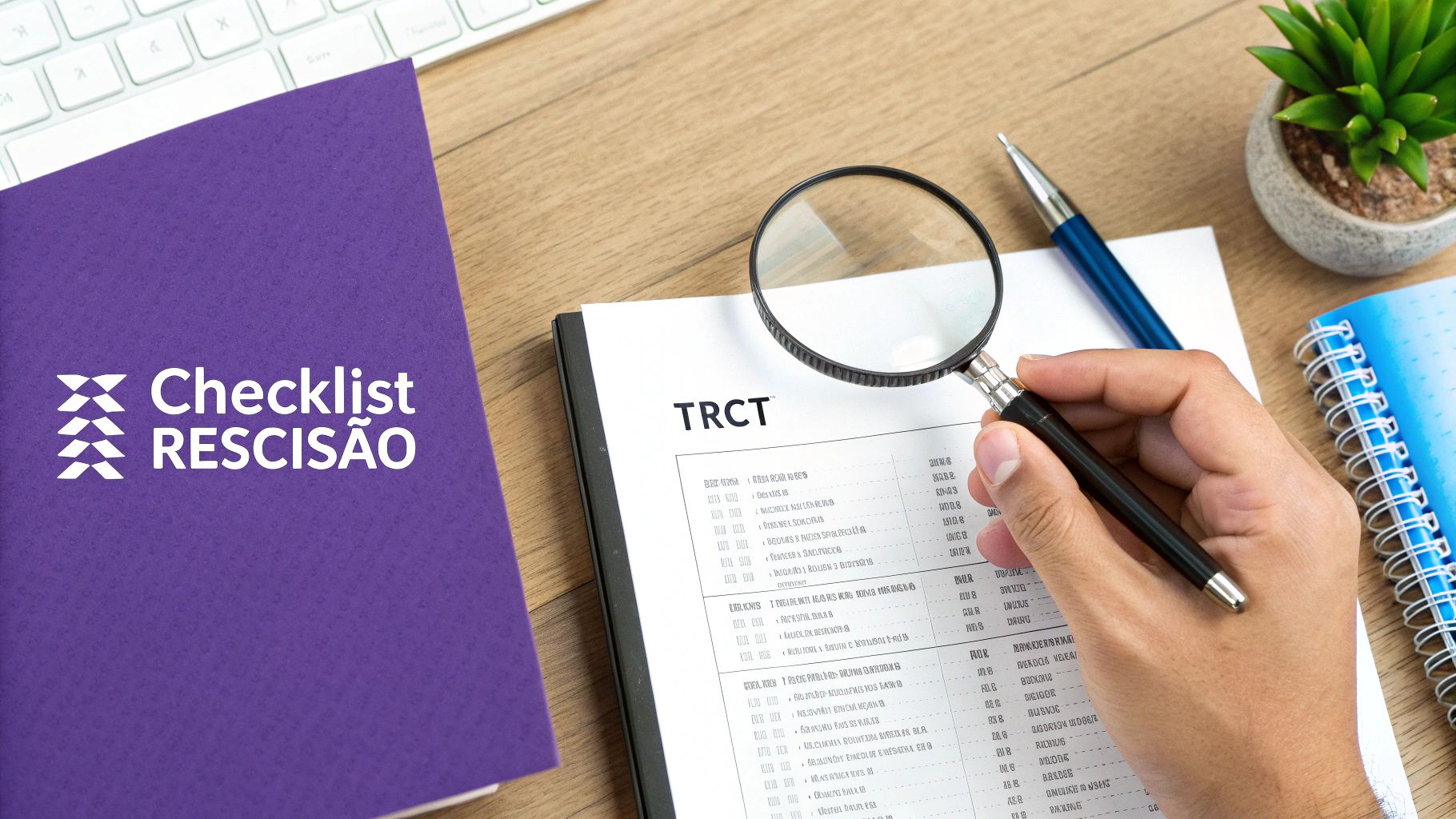 Mão com lupa revisando documento TRCT de rescisão, com um checklist roxo em uma mesa de escritório.