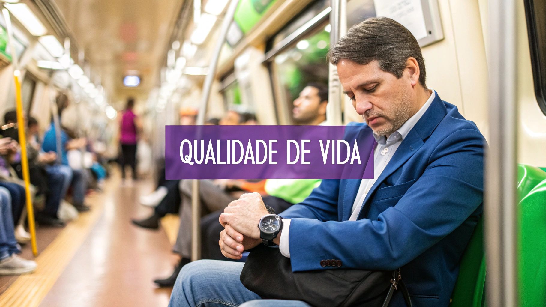 Uma pessoa sentada em um transporte público lotado, parecendo cansada e estressada, representando o impacto do deslocamento diário na vida e carreira.