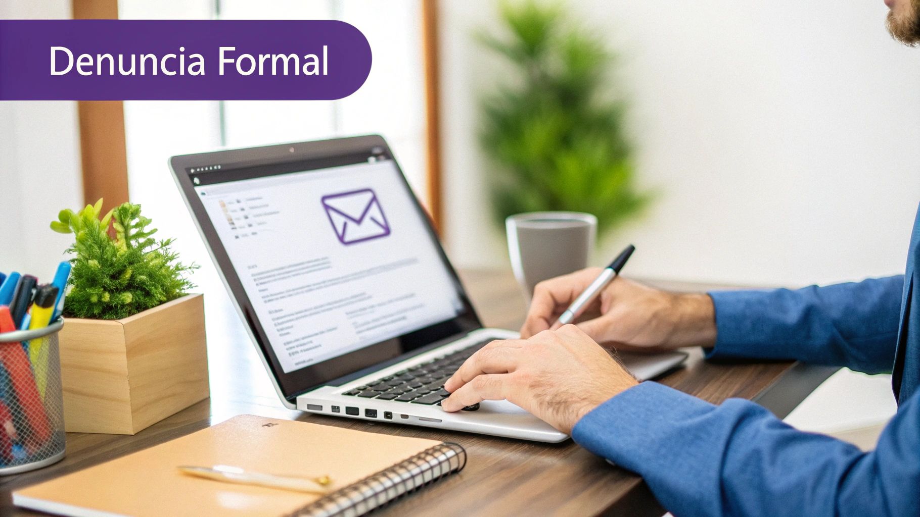 Uma pessoa escrevendo um documento formal em uma mesa de escritório, simbolizando a comunicação da denúncia.