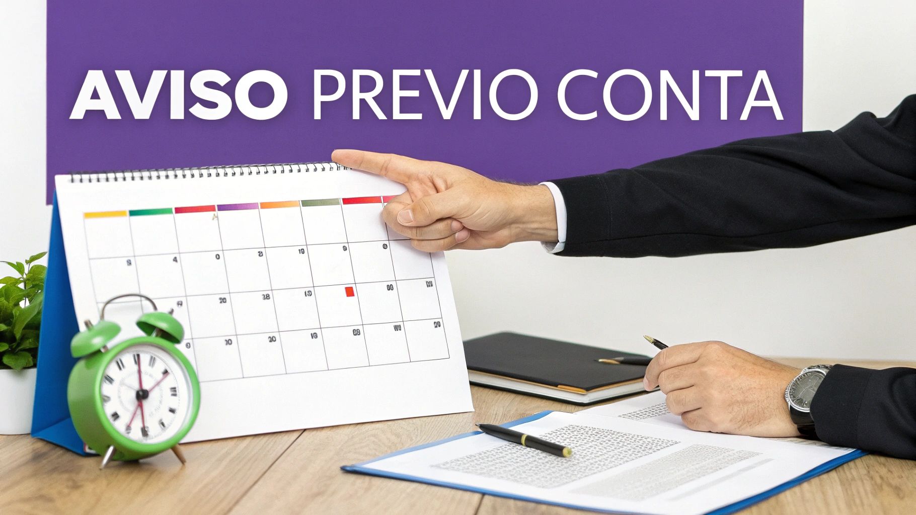 Mão de pessoa apontando para um calendário, com relógio e documentos em uma mesa. Aviso Prévio.