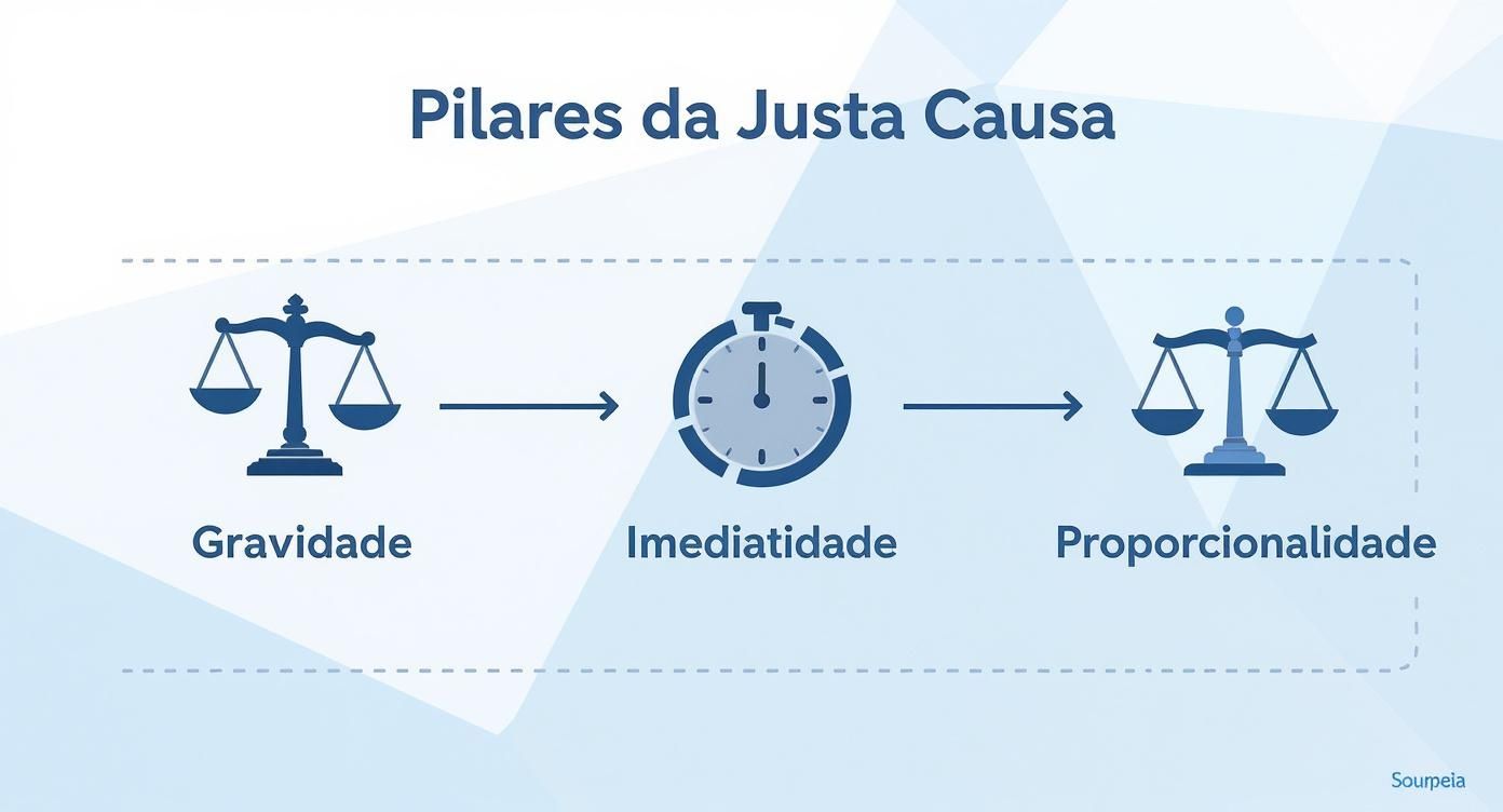 Infográfico sobre os três pilares essenciais que são requisitos para justa causa: Gravidade, Imediatidade e Proporcionalidade.