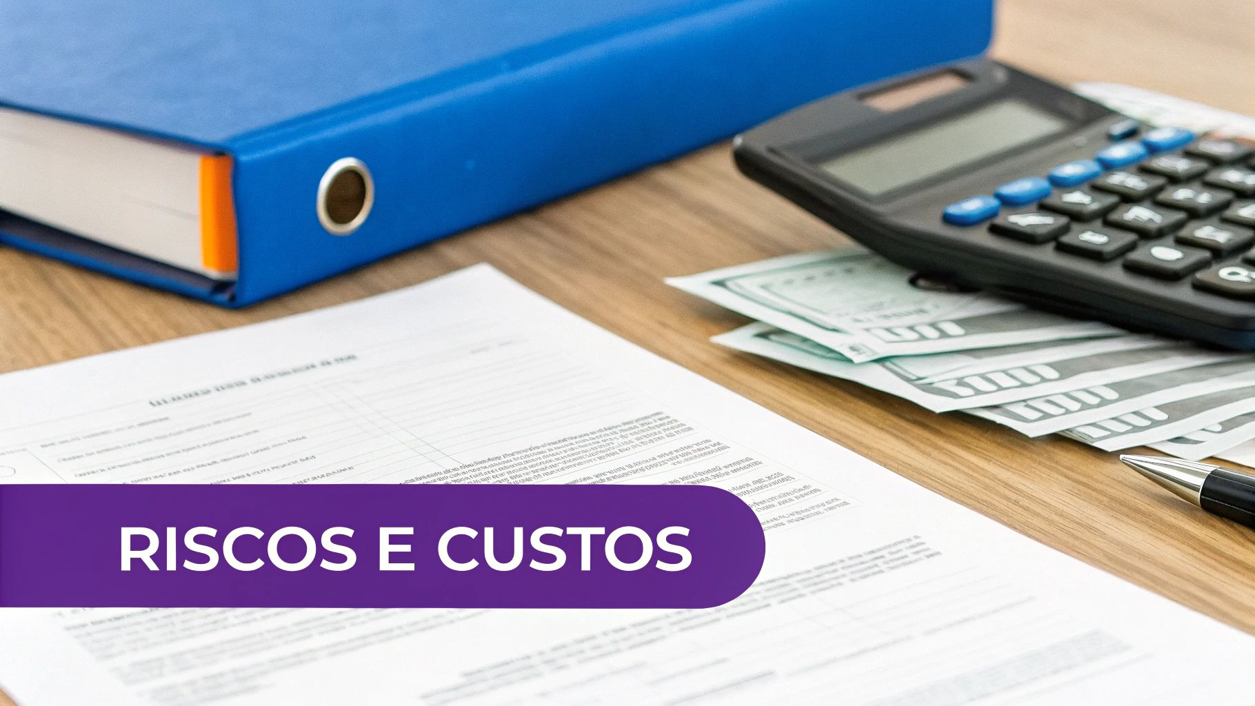 Mesa de trabalho com pasta azul, calculadora sobre dinheiro, documento e caneta, destacando 'RISCOS E CUSTOS'.