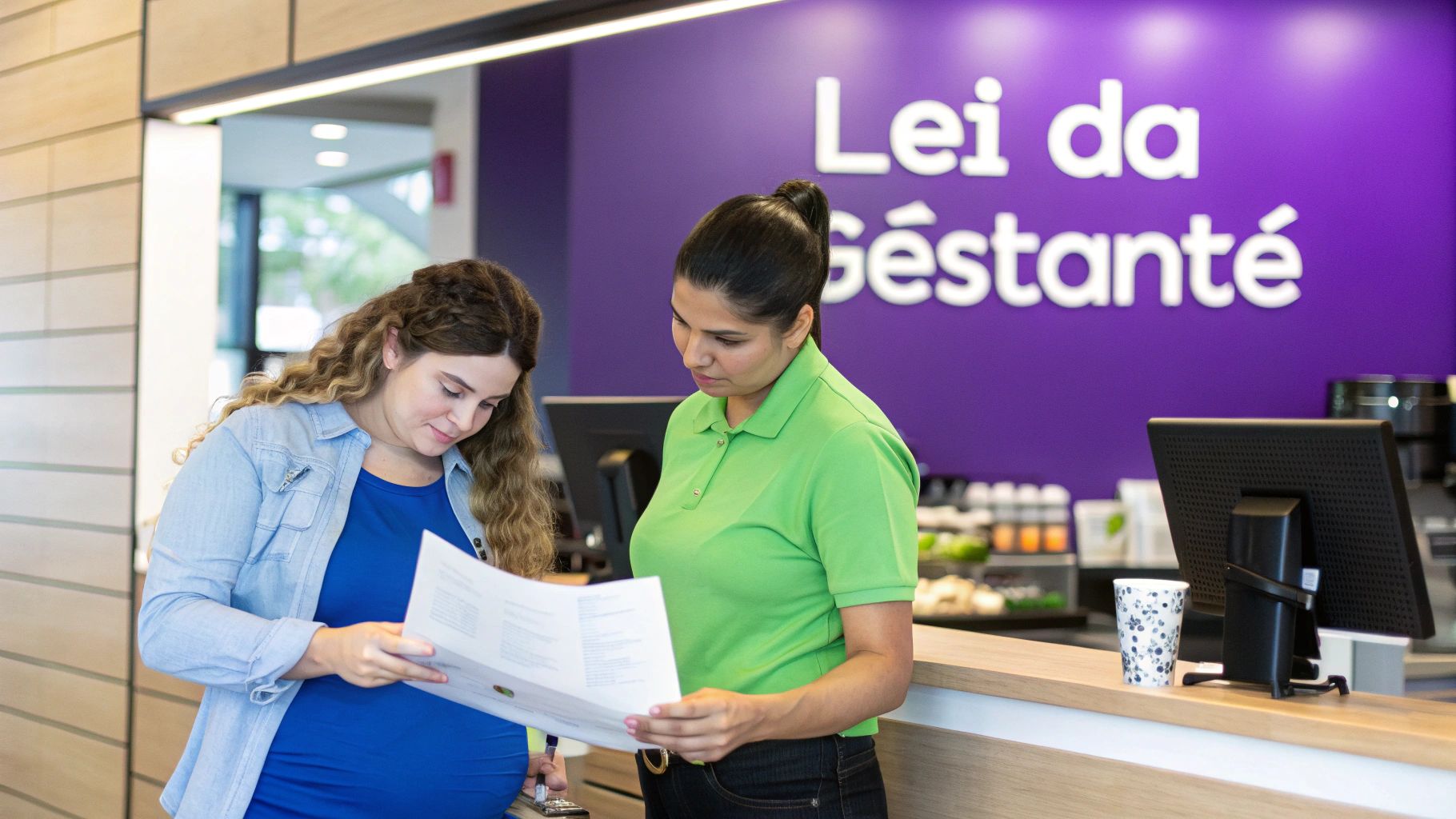 Mulher grávida e funcionária olham um documento no balcão de atendimento, com o letreiro 'Lei da Gestante' ao fundo.